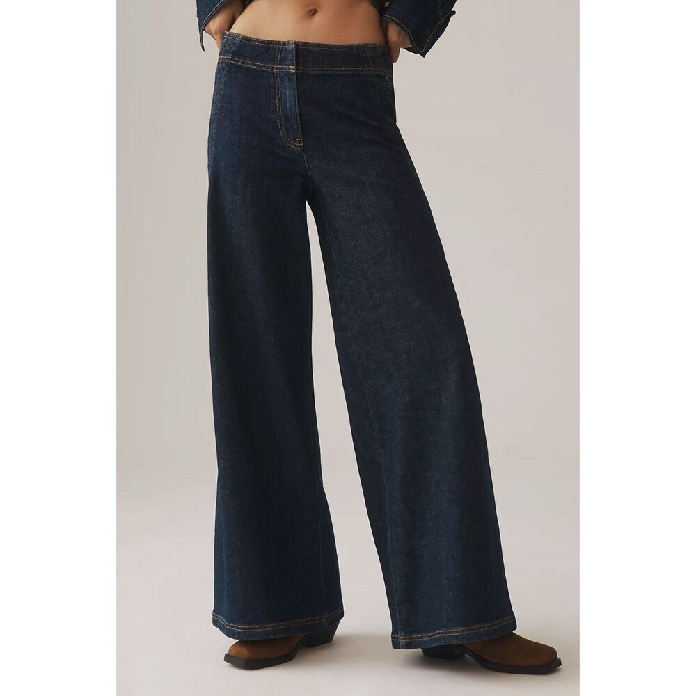 Maeve Anthropologie Scallop Edge High Rise Wide Leg Jeans Dark Denim Size 30 NWT - Picture 2 of 11
